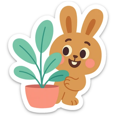 cinnamon bunny peeking behind a plant, pastel-toon style sticker