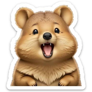 cinematic-realistic  yawning quokka-emoji,-small-round-frame, head tilted in an endearing manner, wouth wide open yawning, sleepy comical smile, round fluffy cheeks, giant-fluffy-cheeks-large-smile-fluffy-brown-fur-radiating-a-warm-softness,-big-round-eyes-filled-with-joy, realistic round  fluffy zoomed in, large black eyes one paw raised in the air sticker