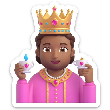 male emoji with brown skin, pink jeweled crown, holding a teacup and sipping tea, calm and content sticker
