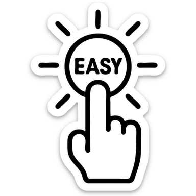Single finger pressing effortless button with radiating success lines, minimalist interaction design, bold corporate illustration style sticker