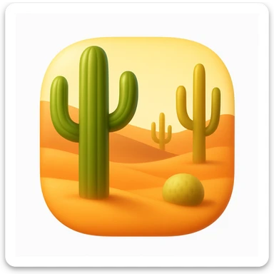 Create a desert emoji inspired by the reference image in iOS emoji style. Keep the same cacti, sand, and colors with a smooth and shiny appearance. The shape should have rounded or freeform edges, not confined to a square. Add a slight blush to the sand color. sticker