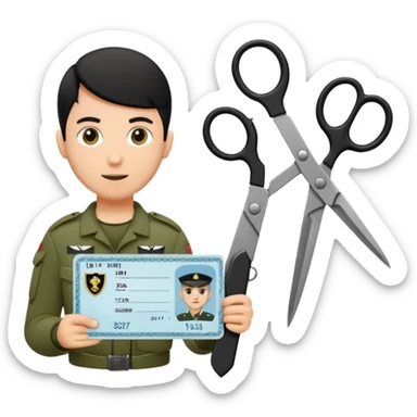 Floating black Scissors cutting in half an idf soldier ID card with a little chip in 2 parts sticker