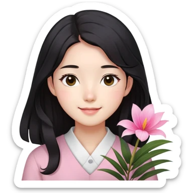  young Korean student with long, straight dark black long hair and bright, big brown eyes pink palms no bangs little curly hair. She is smiling warmly, representing a passionate English literature  sticker