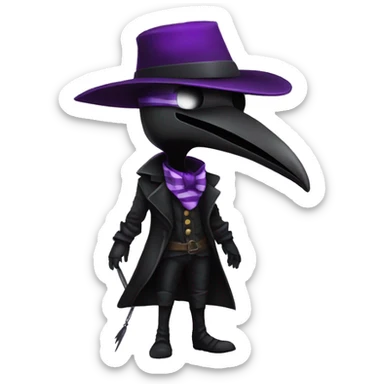Plague doctor with bird shaped metal mask ,black fedora hat, purple striped vest, maroon shirt and Black gloves. sticker