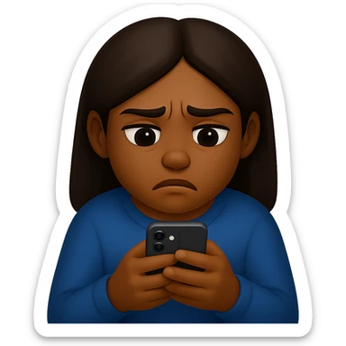 Create an image of a girl addicted to her phone with a medium skin tone in the style of emoji style. The style should reflect the characteristics of emoji style, focusing on the look and feel of emoji illustrations. sticker