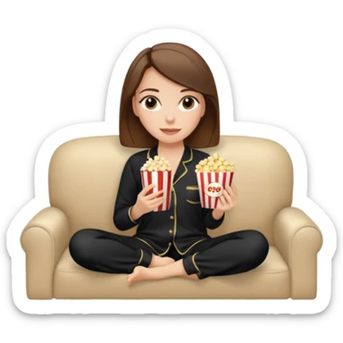 Stylish white woman with brown hair with makeup in black pyjama watching tv with popcorn on beige couch sticker