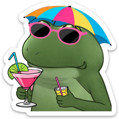 Bufo frog in a jumping pose, with rainbow umbrella hat, round sunglasses, holding a pink cocktail, classic Bufo meme style sticker