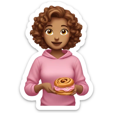 A girl with fair skin, a brunette with curly hair and brown eyes. Eating sinabon in a pink sweatshirt.  sticker