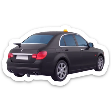 black luxury car with a visible dent, hammer and rod forming an X on the rear right corner, reflection lamp above rear illuminating damaged area, elegant and modern sticker