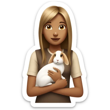 A bit tan girl with straight hair and light bangs holding a white and brown rabbit sticker