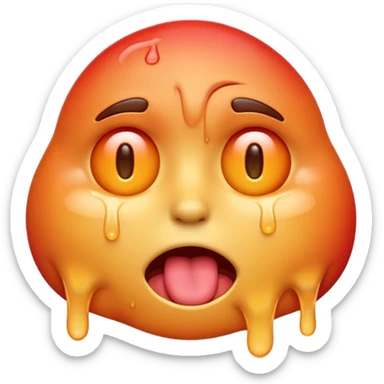 Apple-style emoji illustration of a melted, overheated face with sweat drops, half-closed exhausted eyes, tongue slightly out, warm orange and red tones, soft 3D emoji style, smooth gradients, rounded shapes, simple expression, centered composition, transparent background, no text. sticker