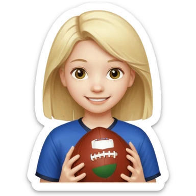A girl with light blonde hair that looks around 13 years old with a football sticker