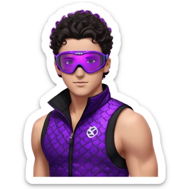male athlete with white skin and moderately curly dark brown hair on top with shaved sides, wearing ski goggles with purple frames and very dark black lenses, a simple plain black chain necklace, and a completely unzipped sleeveless vest with purple and black sequin fire pattern design with no logo, fully revealing his chest, shoulders and arms, no earrings sticker