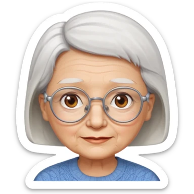 Create me emoji of an old lady. Short white hair to left side. Square glasses. Brown eyes. Rounded really big and really wide face. Wide nose.  sticker