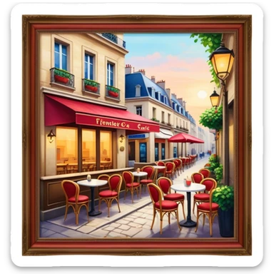 Cinematic Realistic Caf√© Culture Pop Culture Emoji, showcasing a vibrant French caf√© scene rendered with rich textures and warm, inviting lighting. sticker