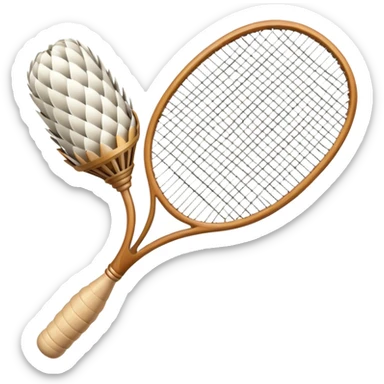 A shuttlecock and a racket. The shuttlecock is depicted with its distinctive cone shape and feathers at the bottom, while the racket has an oval or rounded frame with strings crisscrossing it.  sticker