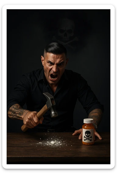 "Angry man crushing prescription pill with hammer on wooden table, expression of righteous fury against medical establishment, pill fragments scattering like defeated enemy, medicine bottle labeled with skull and crossbones in his mind, dramatic lighting showing his determination to reject pharmaceutical control, freedom from chemical dependency symbolized through destruction" sticker