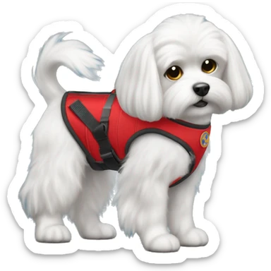 Maltese wearing a red service dog vest with to bleck straps sticker