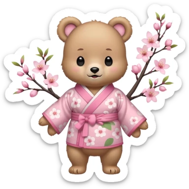 A cute baby bear character in pastel style, standing upright like a human. 
Light brown soft fur, large round ears, rounded paws and feet. 
Big cute black dot eyes, medium blush cheeks, and a tiny smiling mouth. 
Wearing a pink kimono with soft cherry blossom patterns on the sleeves and bottom,  sticker