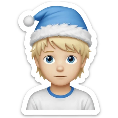 create boy blonde hair long messy, light eyes, white t shirt, rich, long hair, eyes blue, acessory head cristimas blue hat, fluffy hair medium long sticker