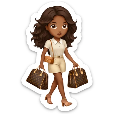  Brown girl with long dark brown medium wavy hair carrying a Louis Vuitton bag on her arm while walking  sticker