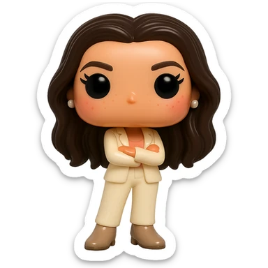 Create a Funko Pop style vinyl figure of Eva Longoria with luminous smooth tanned skin, ultra-detailed dark hair, hyper-textured feminine cream suit (jacket and pants), small pearly earrings, greige leather boots clearly visible, arms crossed, rosy cheeks, very discreet freckles, eyelashes, mischievous and cheerful expression, no mouth, transparent background. sticker