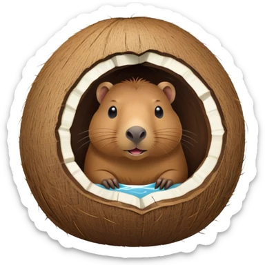 Small capybara inside a hollowed coconut, using it as a cozy home sticker