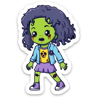 girl zombie with black long curly hair, emo style sticker
