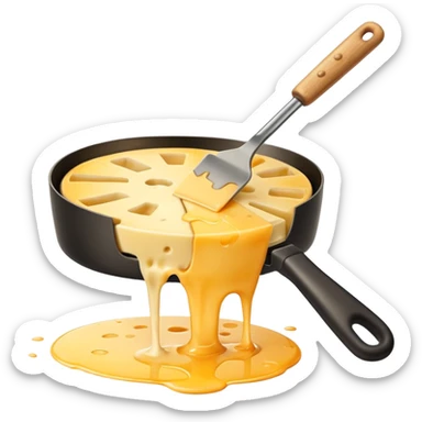 a half wheel of raclette cheese being scraped with a metal spatula, melted cheese flowing, warm golden colors, modern emoji style, clean outlines, transparent background sticker