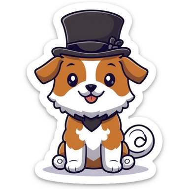 cute small tan and white dog with black nose, black round eyes, curly fluffy medium length hair, wearing a top hat sticker