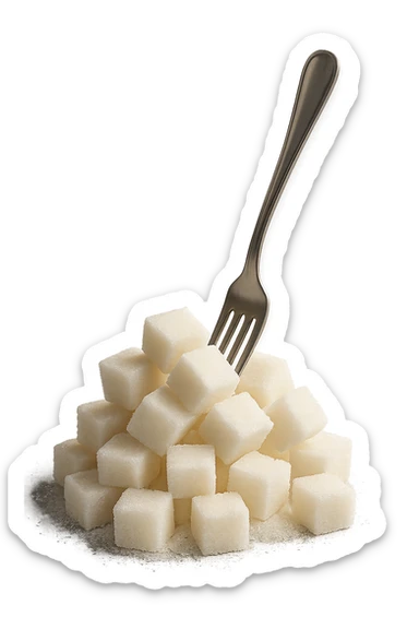 monagna di zollette di zucchero con una forchetta appizzata sopra, iperrealistico 4k sticker