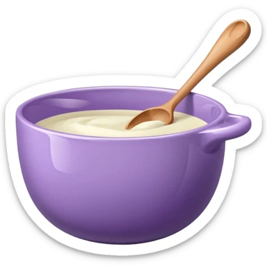 a lilac ceramic mixing bowl with a wooden spoon stirring sticker