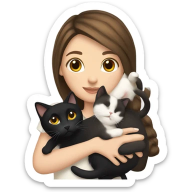 Brunette white girl holding a calico cat and a black cat sticker