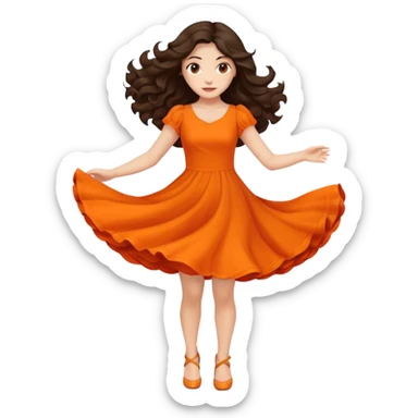 Long dark wavy hair women in orange standing spinning twirling around sticker