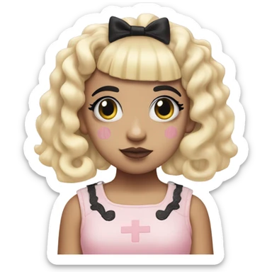 The singer melanie martinez with split dye hair, Blonde and black, Wearing a pastel pink dress with k-12 written on it sticker