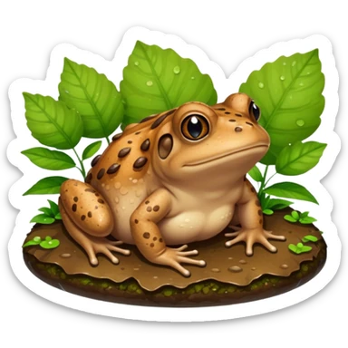 A brown toad sitting on wet ground near a pond, rough bumpy skin, natural light, green leaves around, realistic wildlife photo. sticker