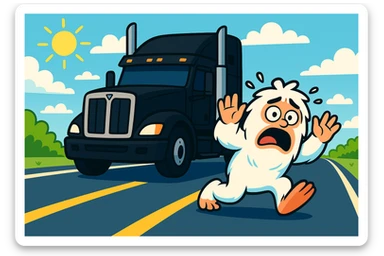 Rotate the black semi truck 45 degrees to the right, keeping the small, scared abominable snowman directly in front of it on a bright highway with a distant view. Maintain the overall scene composition and lighting as in the reference image. sticker