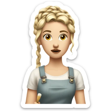 "A young woman with braided blond hair, fair skin, and a lively but slightly worried expression. She wears a simple dress, holding a brush with wite paint dripping from it." sticker