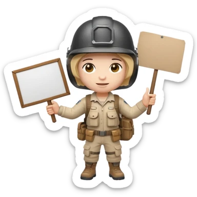 Create a cute emoji-style PUBG Mobile character, chibi version with helmet and backpack, standing in victory pose, holding a blank white sign or paper sheet in both hands in front of chest, ready for text, clean white background, simple emoji design” sticker