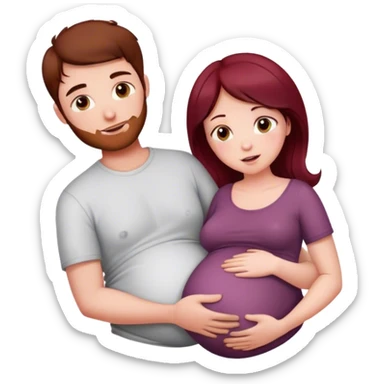 Beautiful burgundy haired pregnant girl with dark haired boyfriend holding stomach sticker