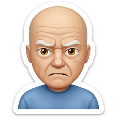 a portrait of angry elderly man, bald head, wearing shirt sticker