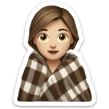 white girl short brown hair wrapped in cozy plaid blanket sticker