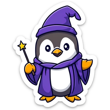 penguin wearing a wizard hat and robe, holding a magic wand sticker