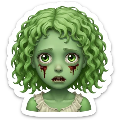 Uma garota zumbi com o cabelo cacheado baixo e mecha descolorida,olho meio grande e bonitos e rosto redondo bem fofinha e linda e com aparência de zumbi verde e meio assustadora com o semblante de cansada sticker