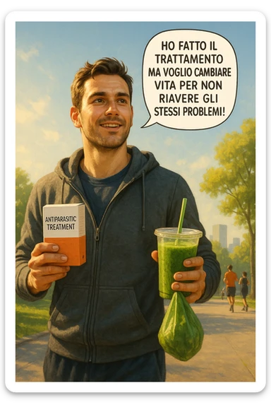 A realistic, cinematic illustration of a man in his early 30s with a determined and hopeful expression, standing outside under a bright morning sky, holding a small box labeled 'Antiparasitic Treatment' in one hand, while in the other hand he holds a fresh green smoothie or a bag of vegetables. A speech bubble near him says: ‘Ho fatto il trattamento ma voglio cambiare vita per non riavere gli stessi problemi!’ The man is wearing casual but clean and sporty clothing, symbolizing a fresh start, with the background showing a city park with green trees, morning light, and people jogging, indicating a healthy lifestyle. The atmosphere is bright, uplifting, and motivating, clearly illustrating the transition from treatment to lifestyle change to prevent future health issues. The style is realistic with warm tones, showing positive energy and commitment to change in italiano sticker