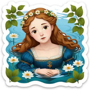 Ophelia from Hamlet floating in water surrounded by flowers, with a tragic expression, wearing a medieval dress, based on Millais painting and Shakespeare's character sticker