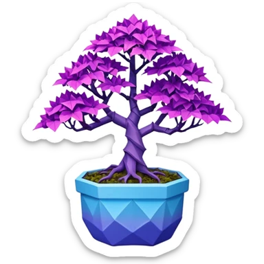 Futuristic alien maples Bonsai hair-fine-leaf group crimson crystal azalea purple and cream blue forest planting in origami style pot  sticker