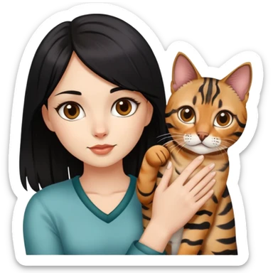 white skin girl with black strait hair and brown eyes with bengal cat on her hand sticker