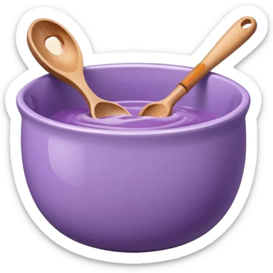 a lilac ceramic mixing bowl with a wooden spoon stirring sticker