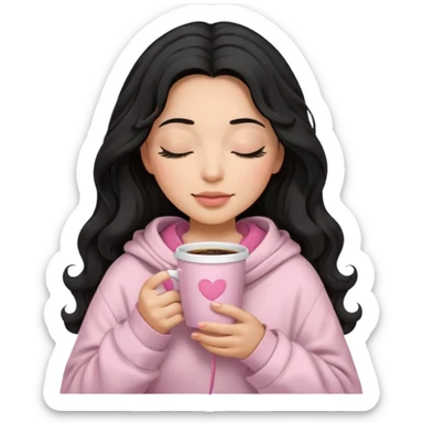 hispanic woman, black long wavy hair , closed eyes, feminine face, holding soft pink coffee cup wearing white Hoodie with pink blanket over shoulders sticker